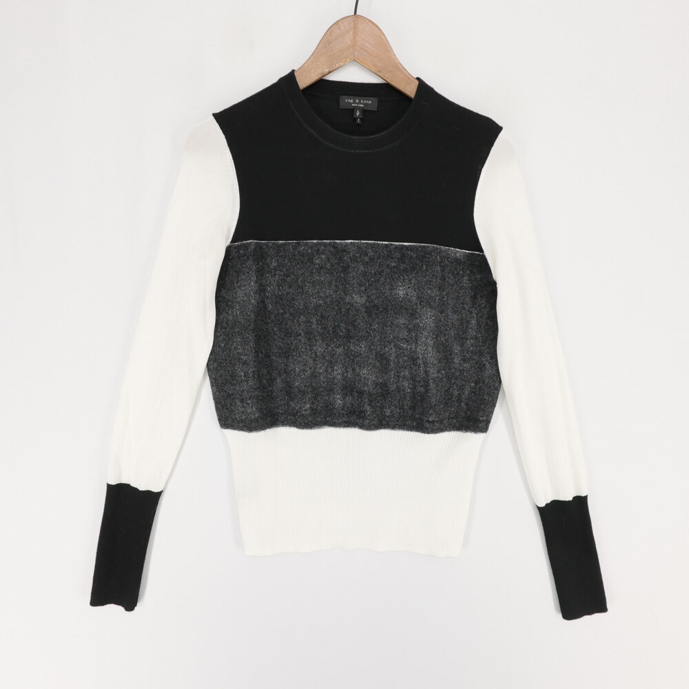 Rag and Bone Sweater Womens S Black Colorblock Merino Wool Crewneck Mesh Sleeves